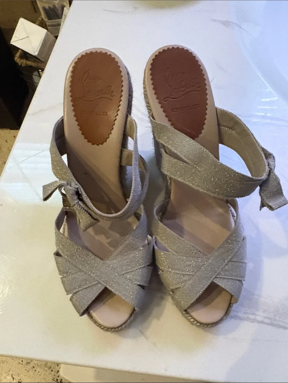 Christian Louboutin Light Gray Espadrille Wedge Sandals